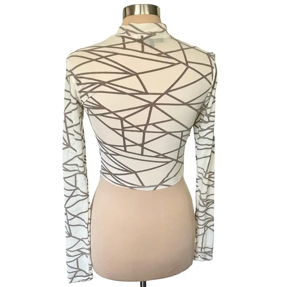 The Vintage Shop Flocked Mesh Top Mock Neck Long Sleeves Size M Sheer Mesh